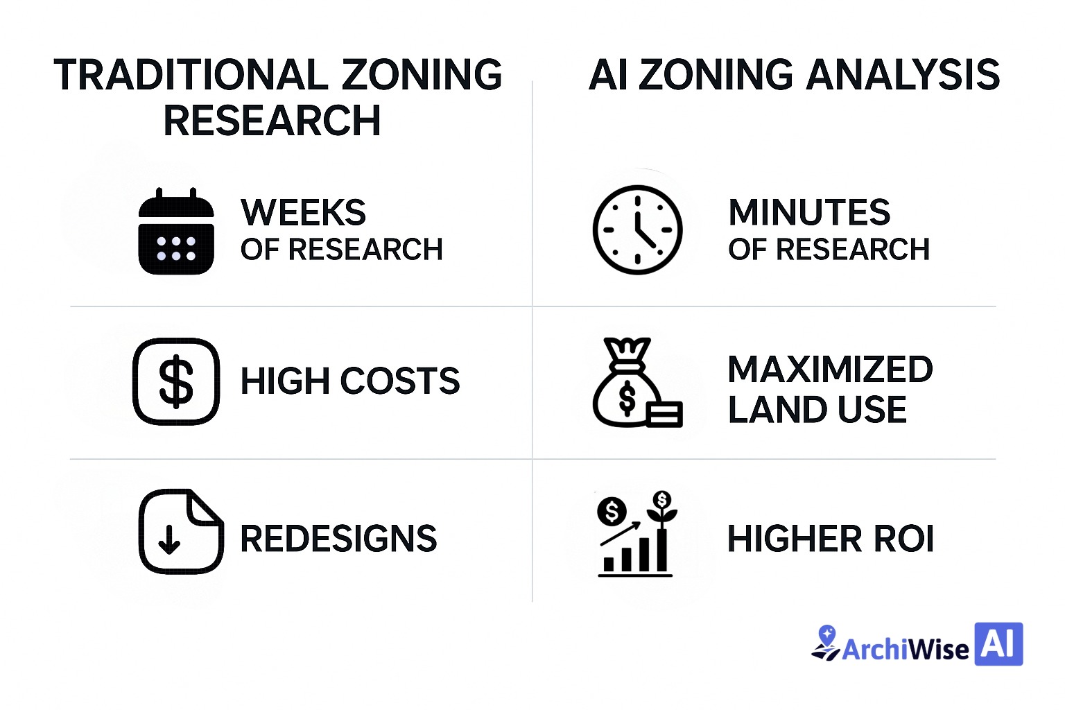 Traditional zoning research takes weeks and leads to delay holding costs, wasted costs, and iterative redesigns, while AI Zoning Analysis provides zoning findings in minutes, saves costs, maximizes land use, and generates a larger ROI.